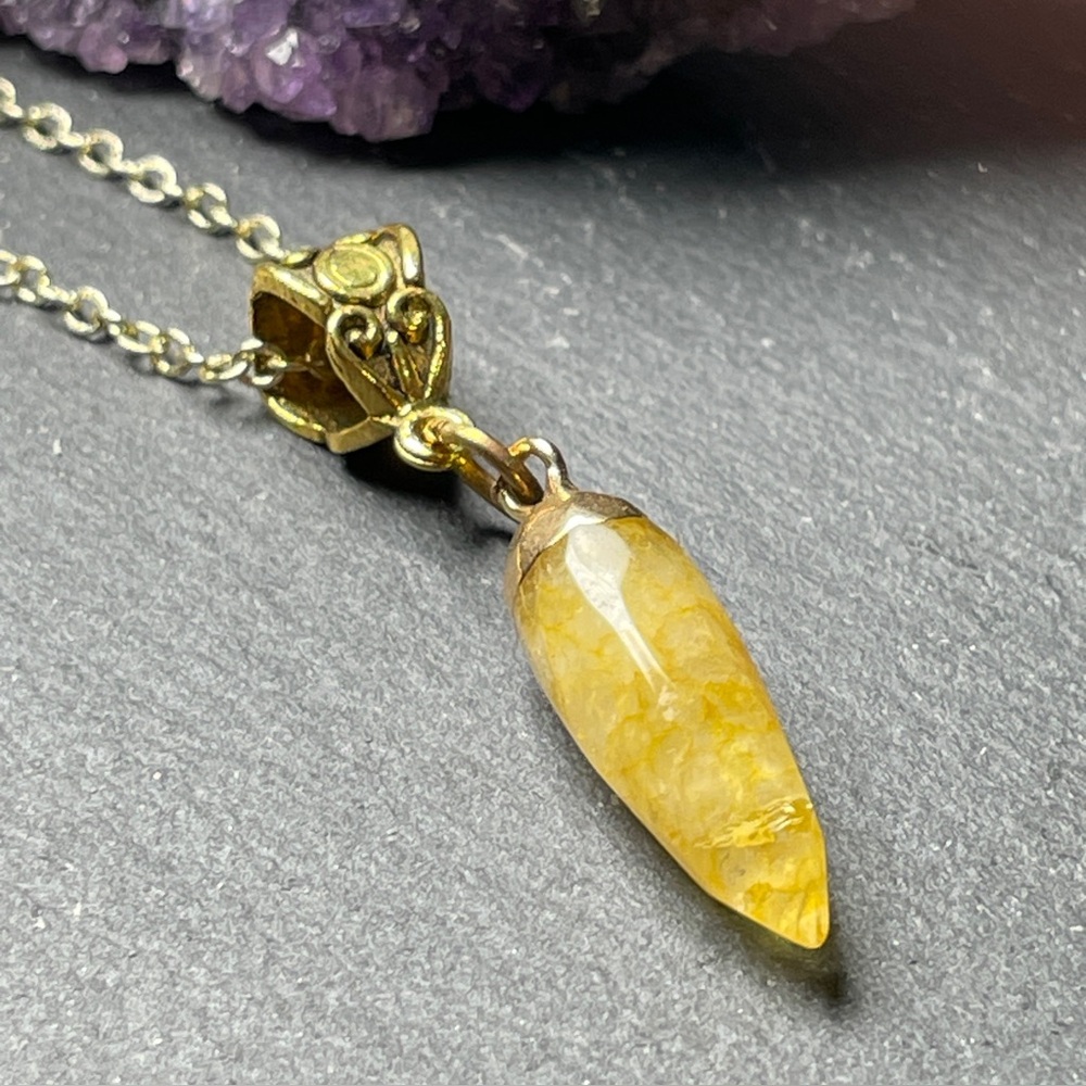 Yellow Jade Nugget Necklace Pendant Gold Plated Chain - Picture 4 of 15